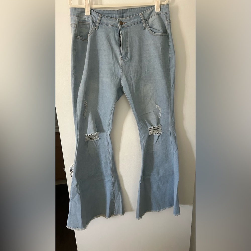 Light Blue Distressed Jeans Flare Bell Bottom Mid Rise